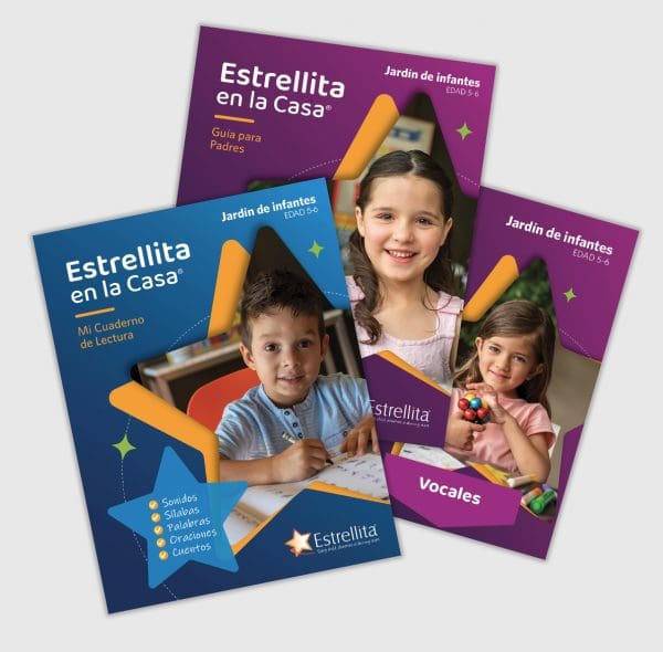 Three Spanish-language educational booklets from Estrellita En La Casa Program for Children 5-6 year-olds featuring children on the covers and vocabulary cards shown on one booklet. Program for kids 6-7 years old