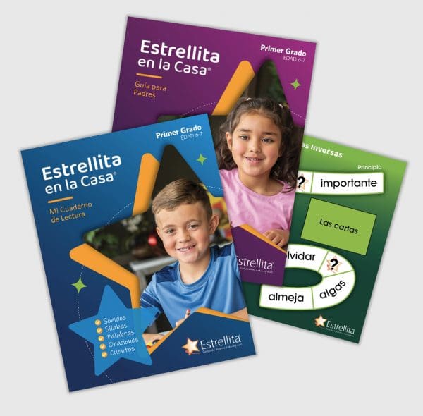 Three Spanish-language educational booklets from Estrellita En La Casa Program for Children 6-7 year-olds featuring children on the covers and vocabulary cards shown on one booklet. Program for kids 6-7 years old
