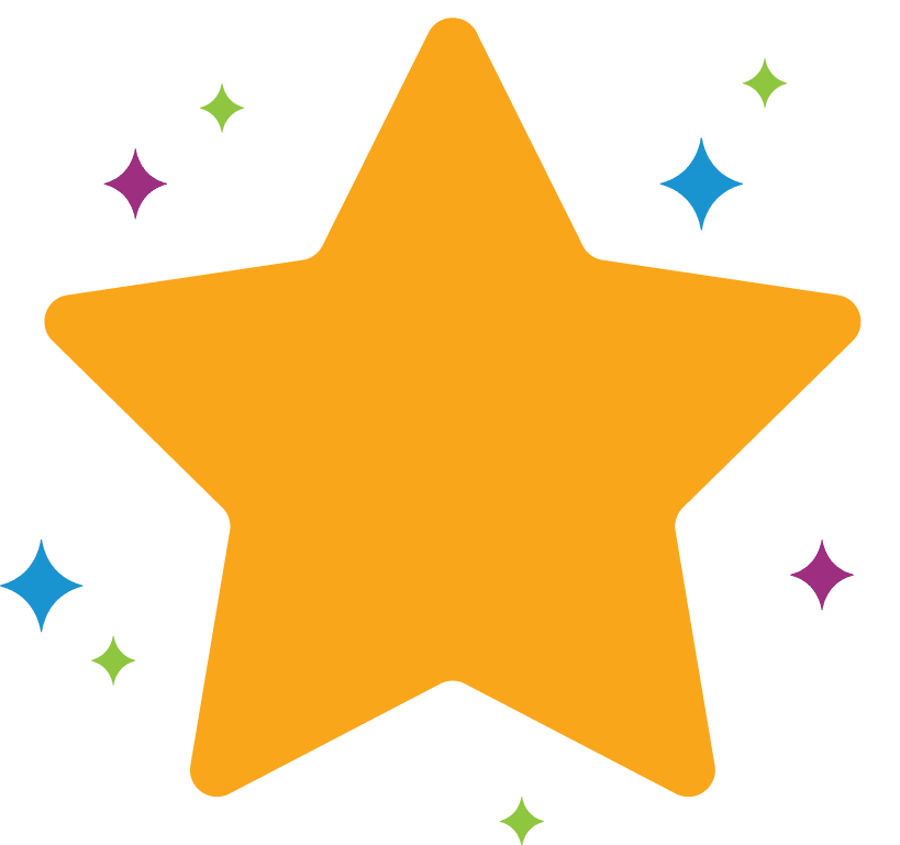 A large yellow star, much like a guiding light for educators, is surrounded by smaller blue, purple, and green twinkling stars on a pristine white background.